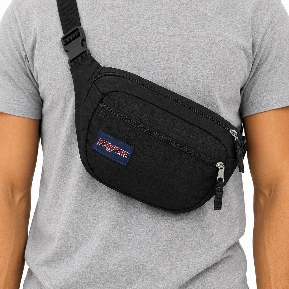 JanSport Fanny Pack Black Nylon Waist Bag Adjustable Buckle Hip Pack Unisex